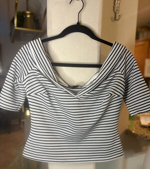 Guess Womens Ribbed Off The Shoulder Black and White Stripes Blouse Sz S Cropped